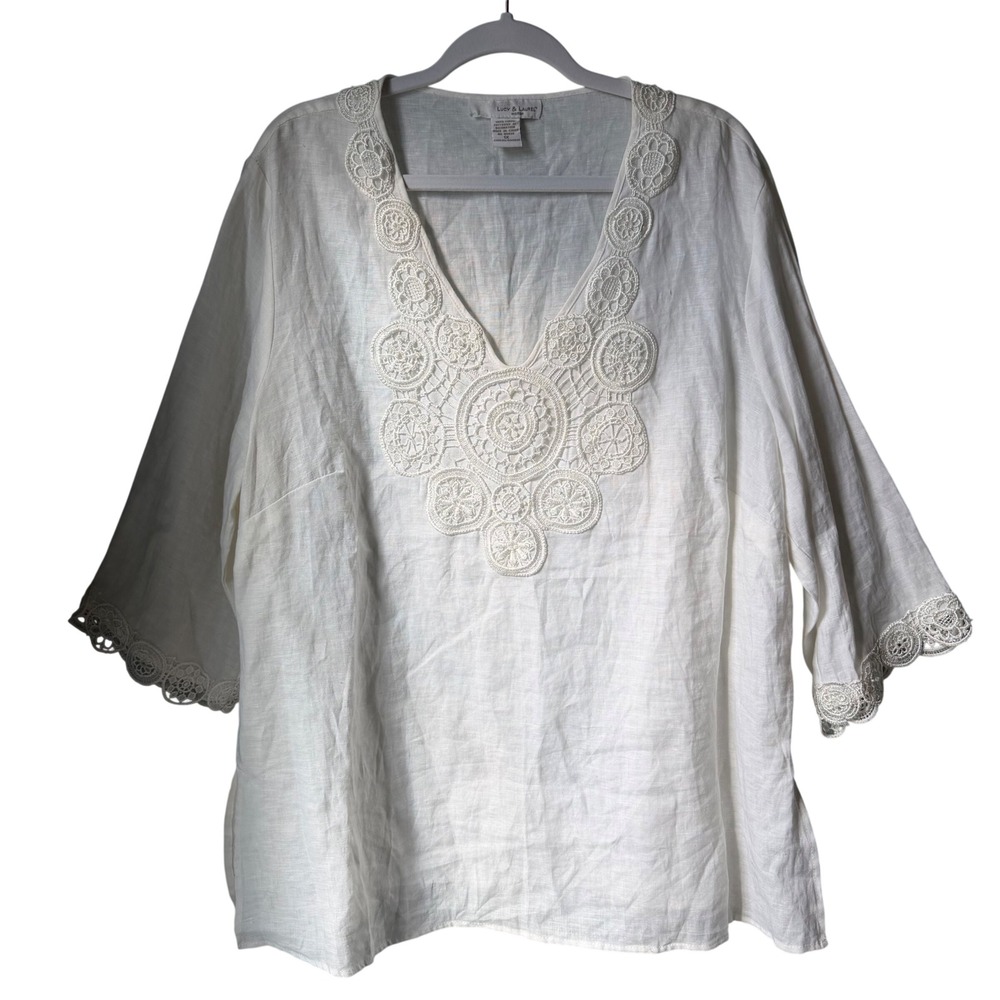 Lucy & Laurel 100% Linen Shirt Embroidered‎ Lace Beaded Flowy Beachy Coastal 1X